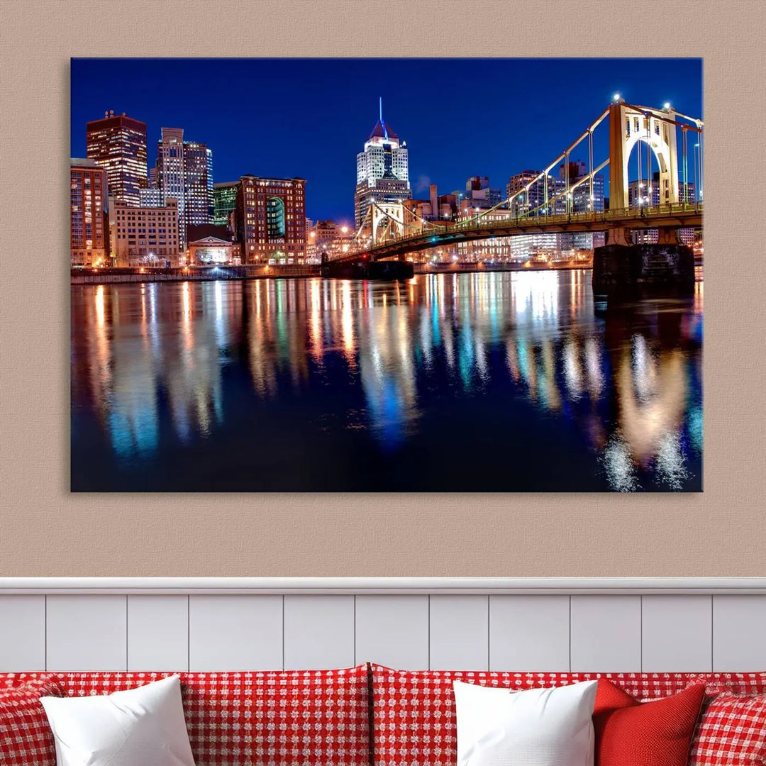 This living room showcases the striking "Pittsburgh City Canvas Wall Art Pittsburgh Skyline Canvas Print" on museum-quality canvases.