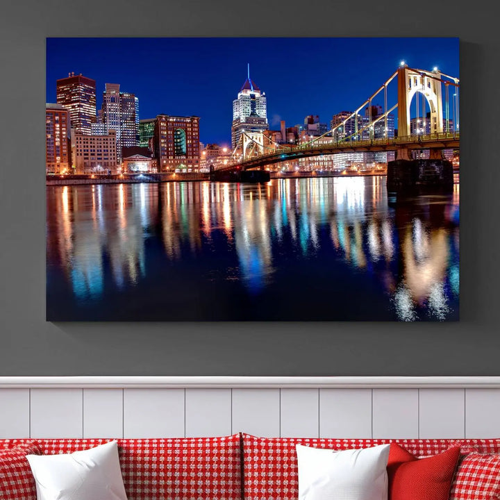 This living room showcases the striking "Pittsburgh City Canvas Wall Art Pittsburgh Skyline Canvas Print" on museum-quality canvases.