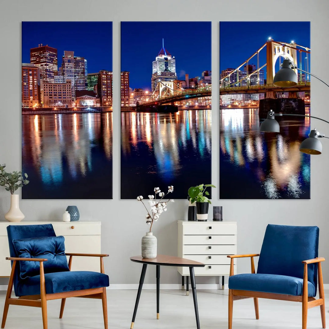 This living room showcases the striking "Pittsburgh City Canvas Wall Art Pittsburgh Skyline Canvas Print" on museum-quality canvases.