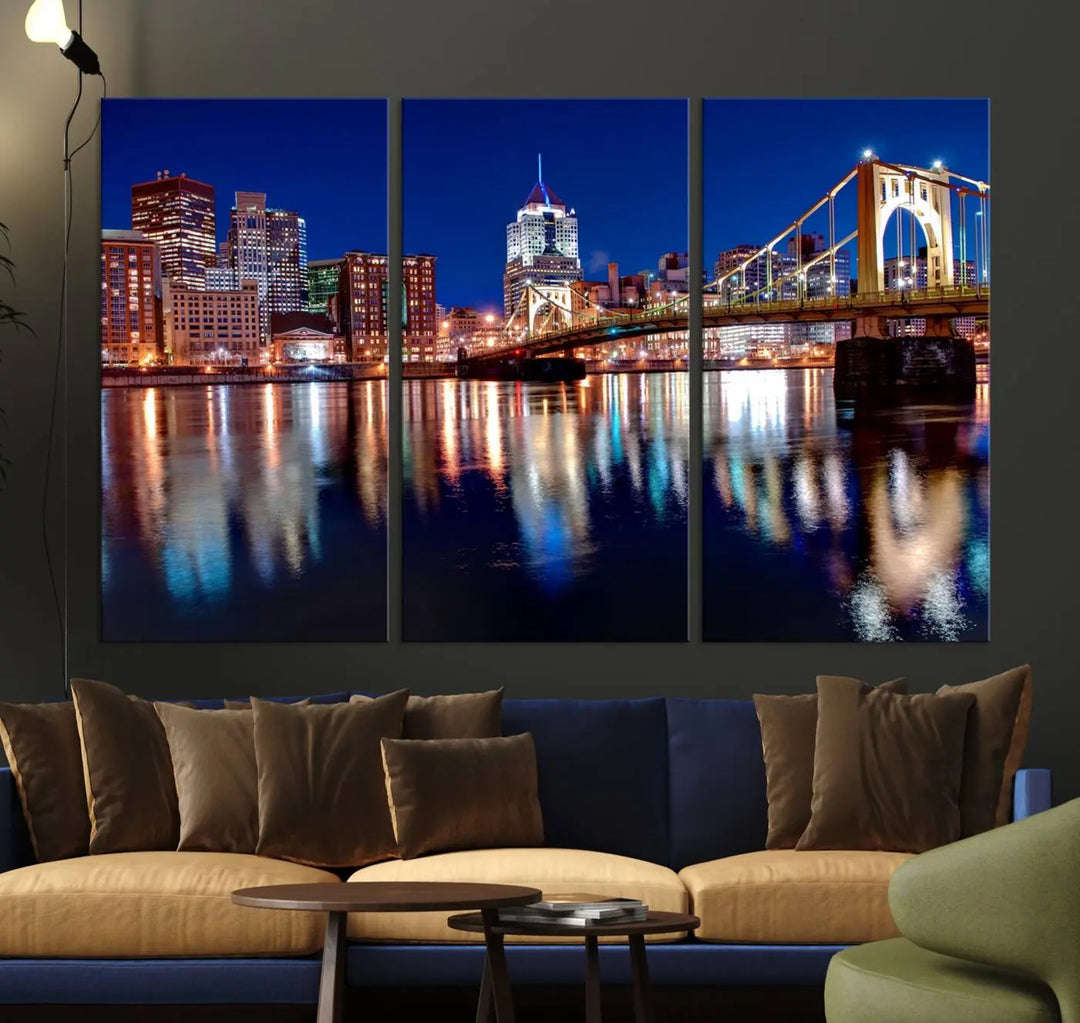 This living room showcases the striking "Pittsburgh City Canvas Wall Art Pittsburgh Skyline Canvas Print" on museum-quality canvases.