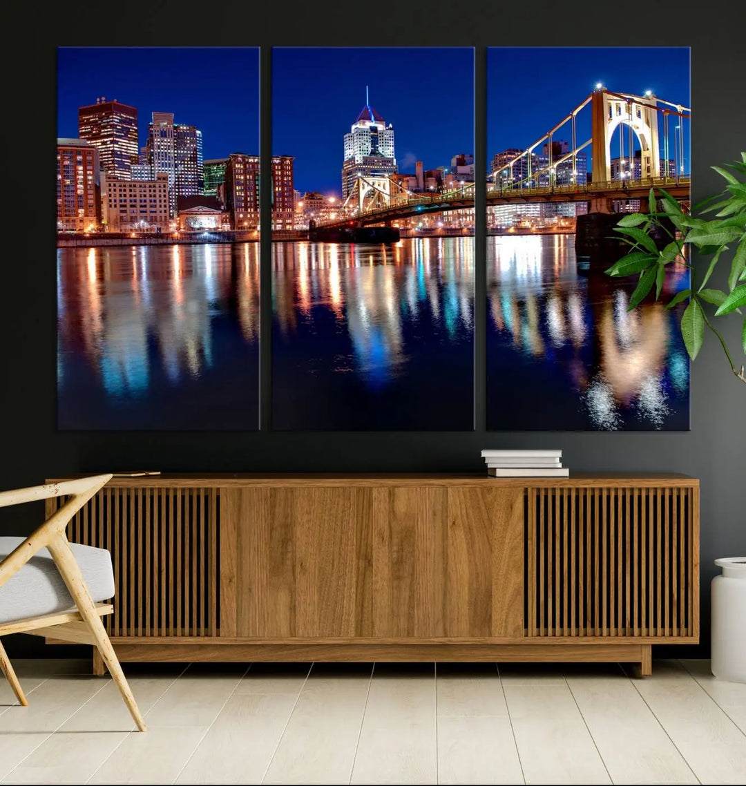 This living room showcases the striking "Pittsburgh City Canvas Wall Art Pittsburgh Skyline Canvas Print" on museum-quality canvases.