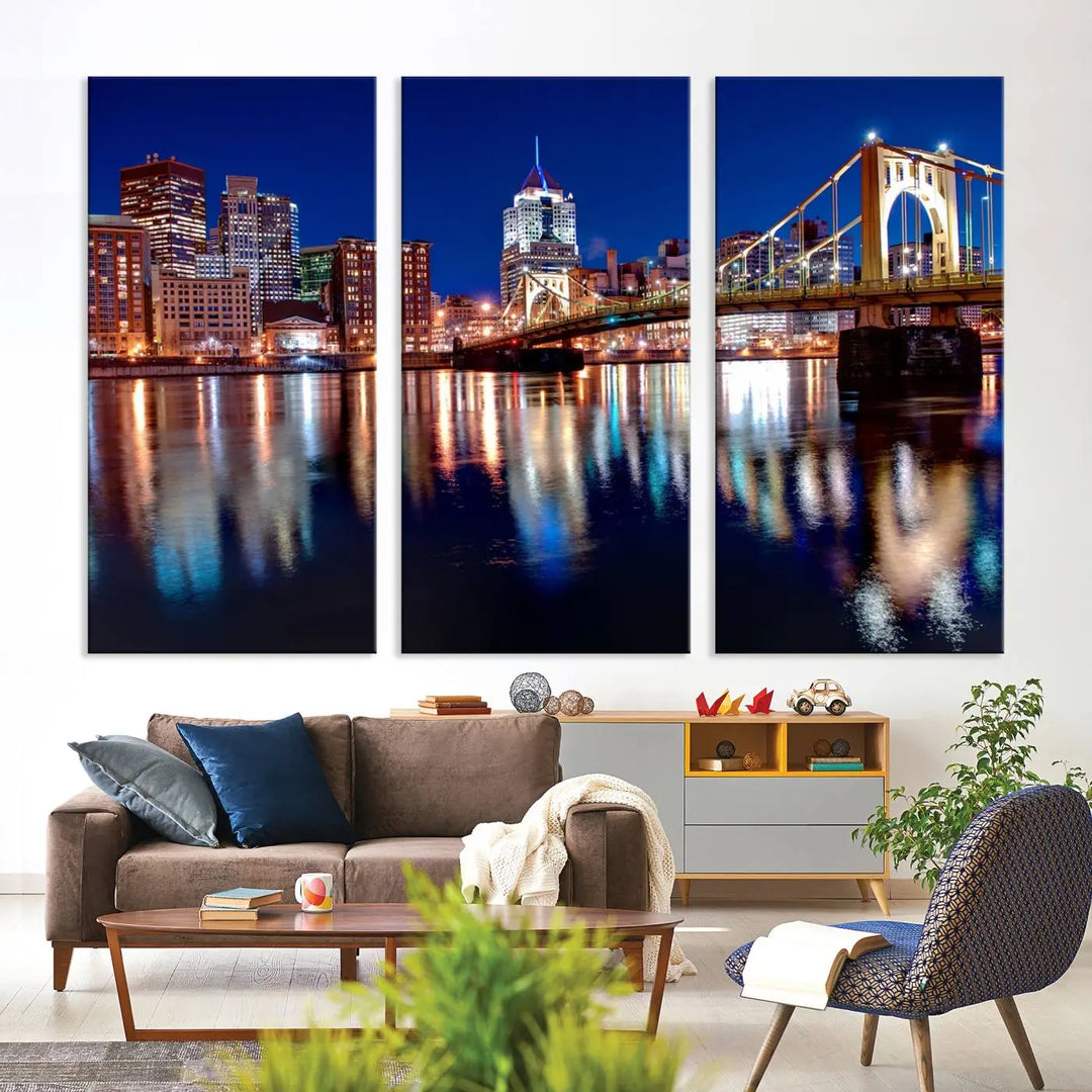 This living room showcases the striking "Pittsburgh City Canvas Wall Art Pittsburgh Skyline Canvas Print" on museum-quality canvases.