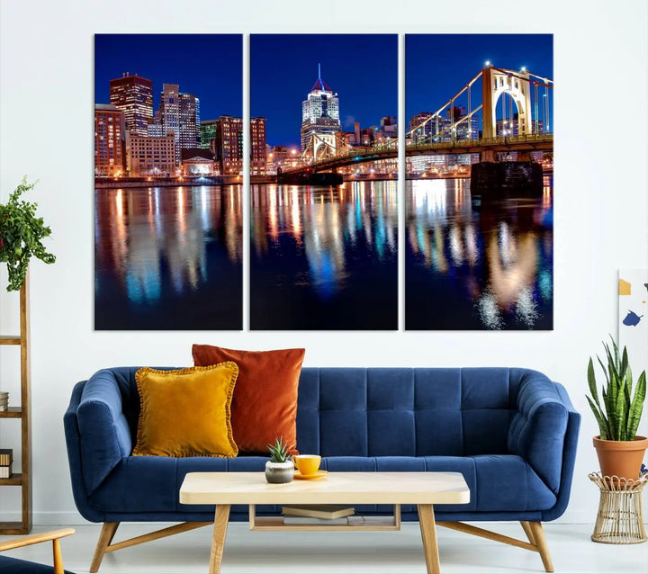 This living room showcases the striking "Pittsburgh City Canvas Wall Art Pittsburgh Skyline Canvas Print" on museum-quality canvases.