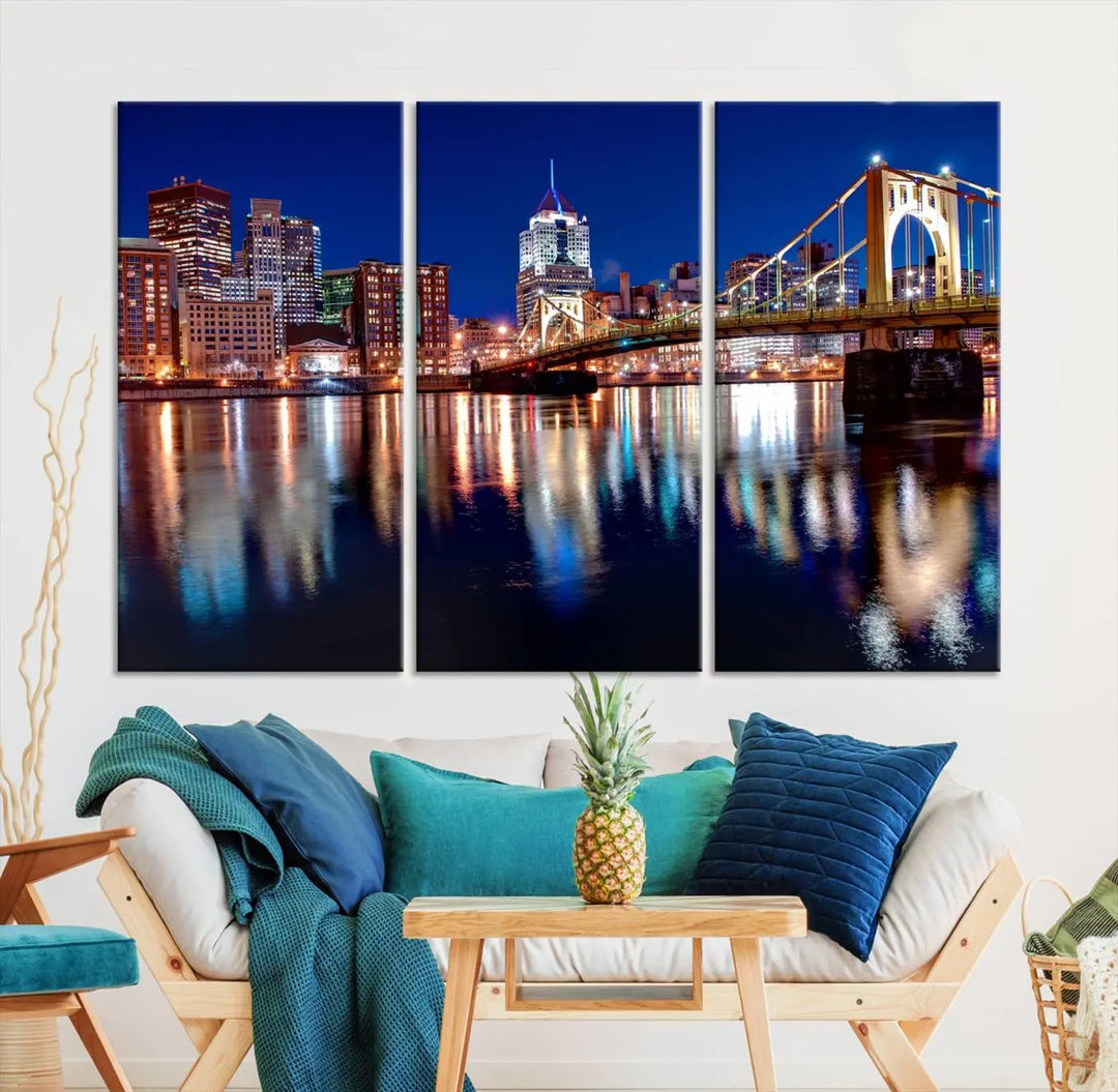 This living room showcases the striking "Pittsburgh City Canvas Wall Art Pittsburgh Skyline Canvas Print" on museum-quality canvases.