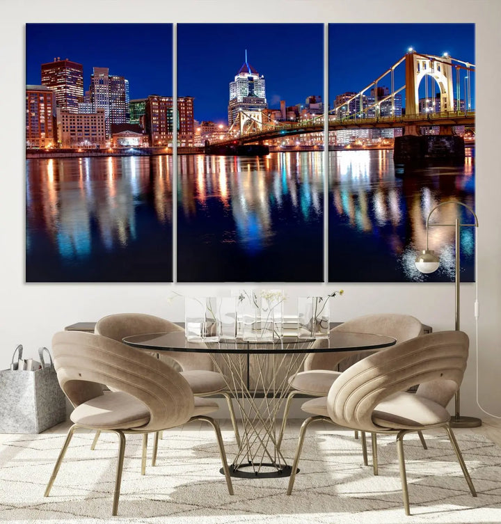 This living room showcases the striking "Pittsburgh City Canvas Wall Art Pittsburgh Skyline Canvas Print" on museum-quality canvases.