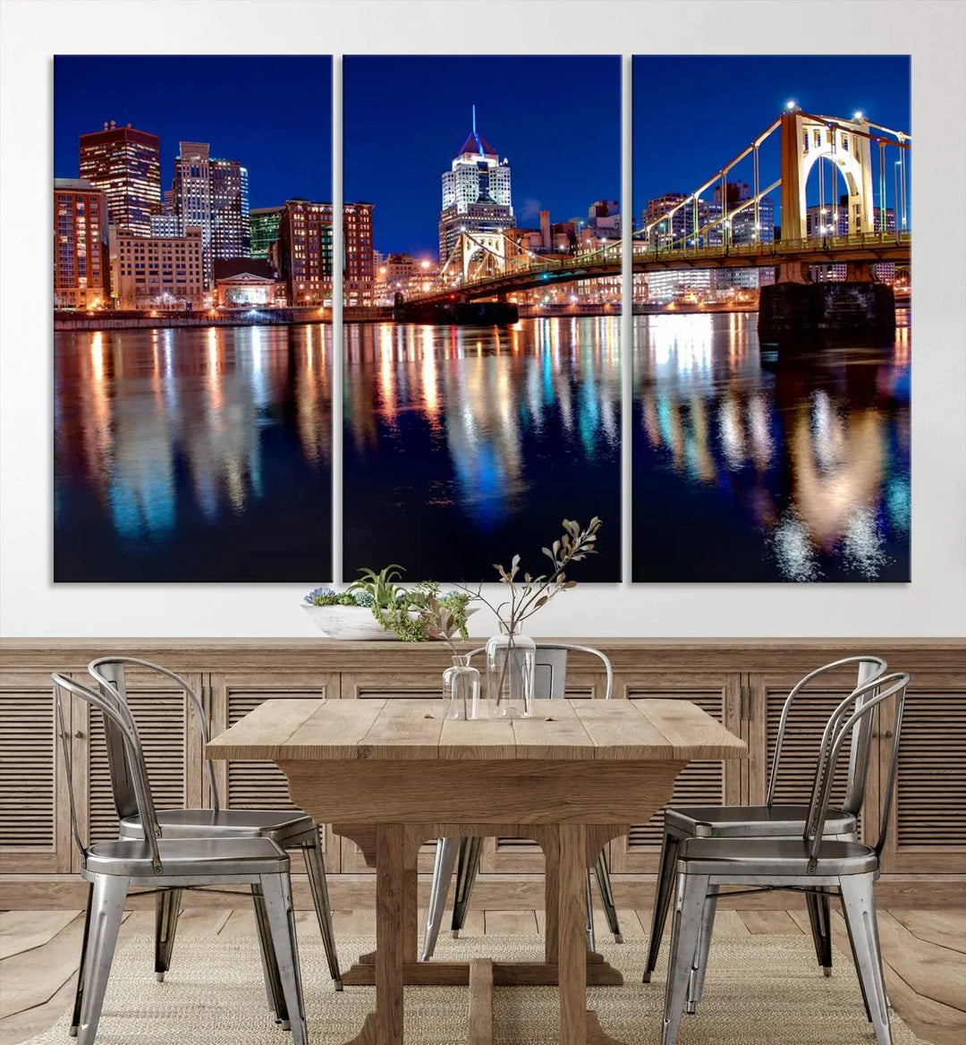 This living room showcases the striking "Pittsburgh City Canvas Wall Art Pittsburgh Skyline Canvas Print" on museum-quality canvases.