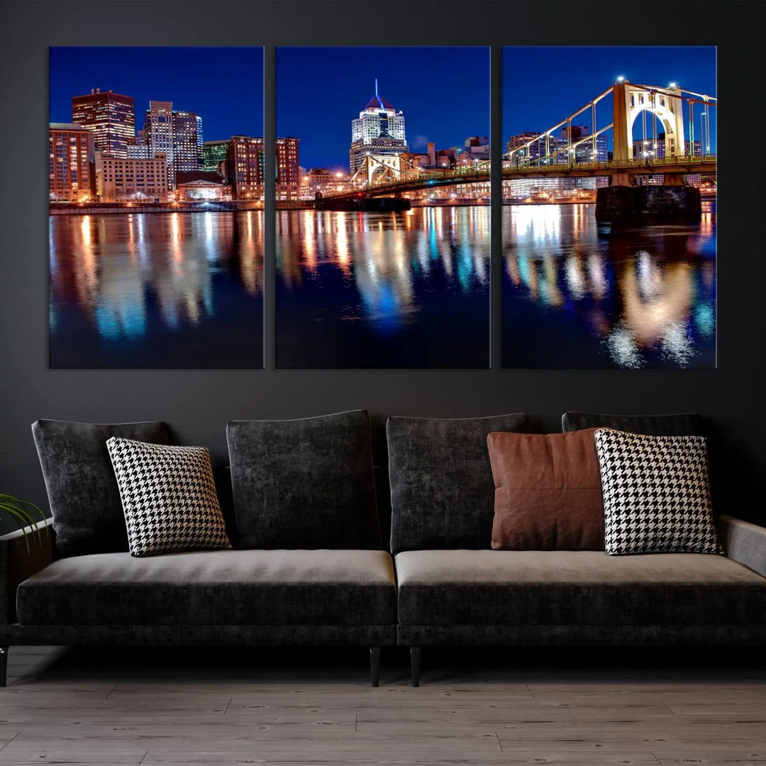 This living room showcases the striking "Pittsburgh City Canvas Wall Art Pittsburgh Skyline Canvas Print" on museum-quality canvases.