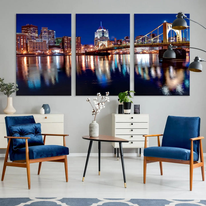 This living room showcases the striking "Pittsburgh City Canvas Wall Art Pittsburgh Skyline Canvas Print" on museum-quality canvases.