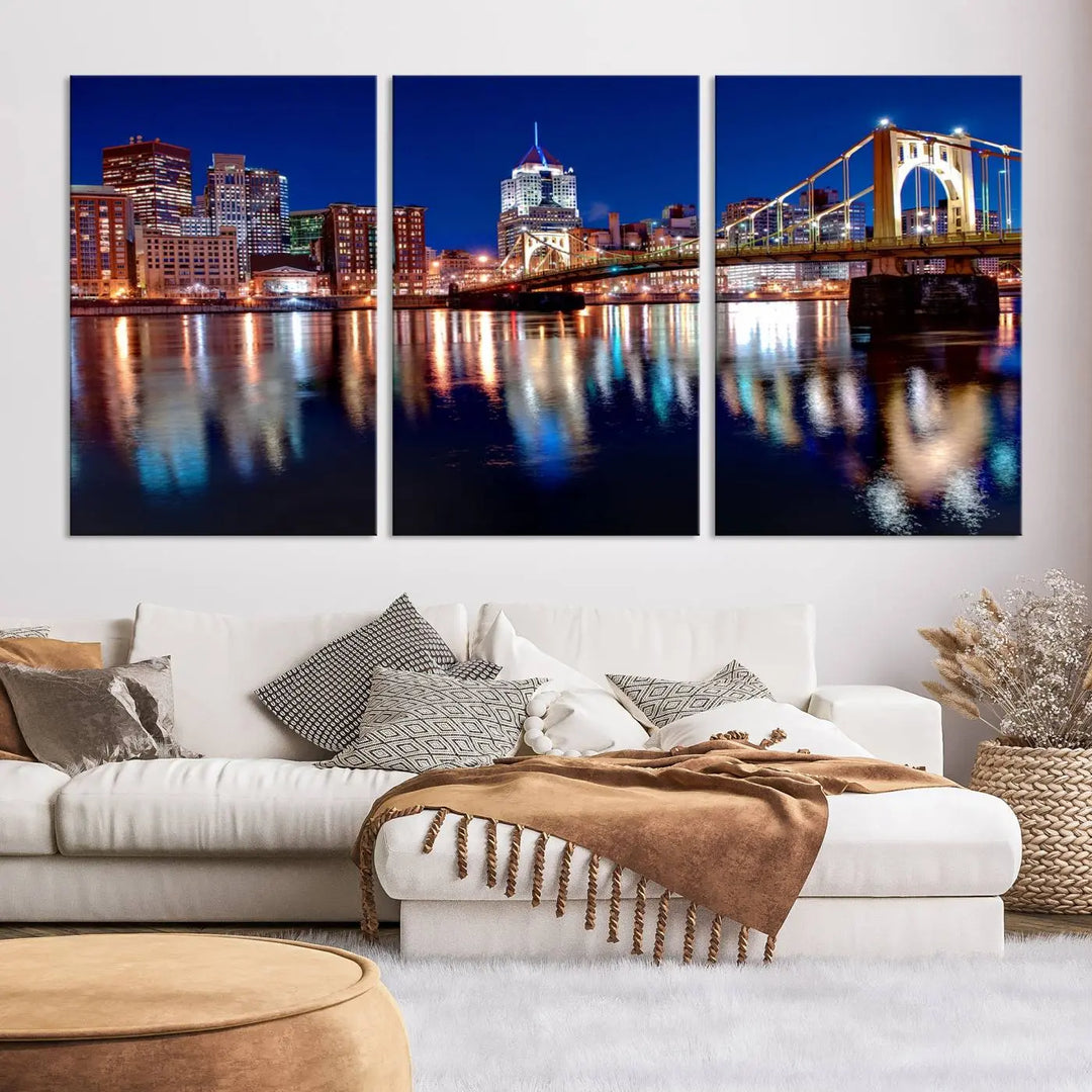 This living room showcases the striking "Pittsburgh City Canvas Wall Art Pittsburgh Skyline Canvas Print" on museum-quality canvases.