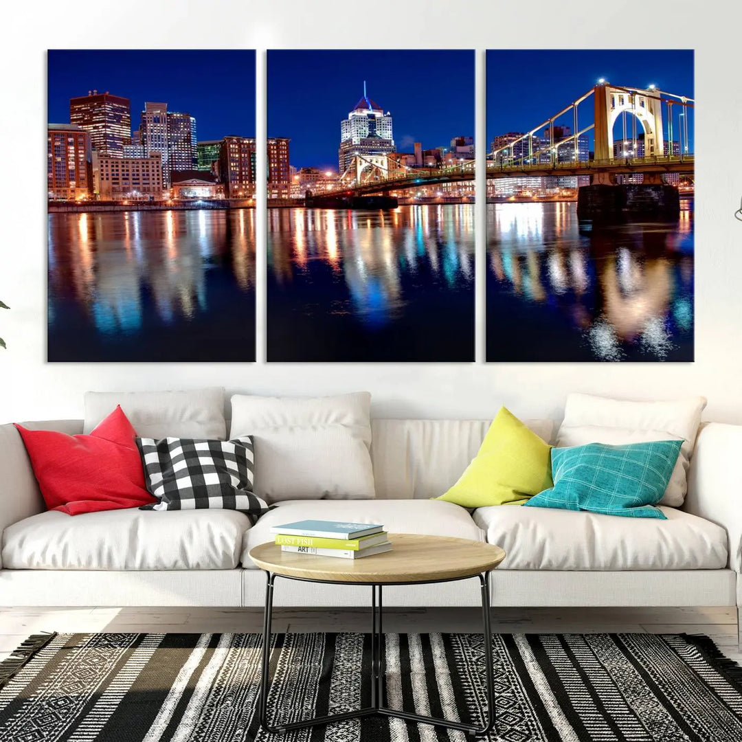 This living room showcases the striking "Pittsburgh City Canvas Wall Art Pittsburgh Skyline Canvas Print" on museum-quality canvases.