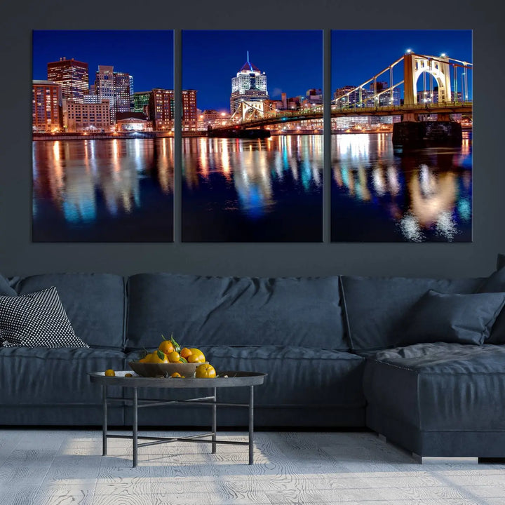 This living room showcases the striking "Pittsburgh City Canvas Wall Art Pittsburgh Skyline Canvas Print" on museum-quality canvases.