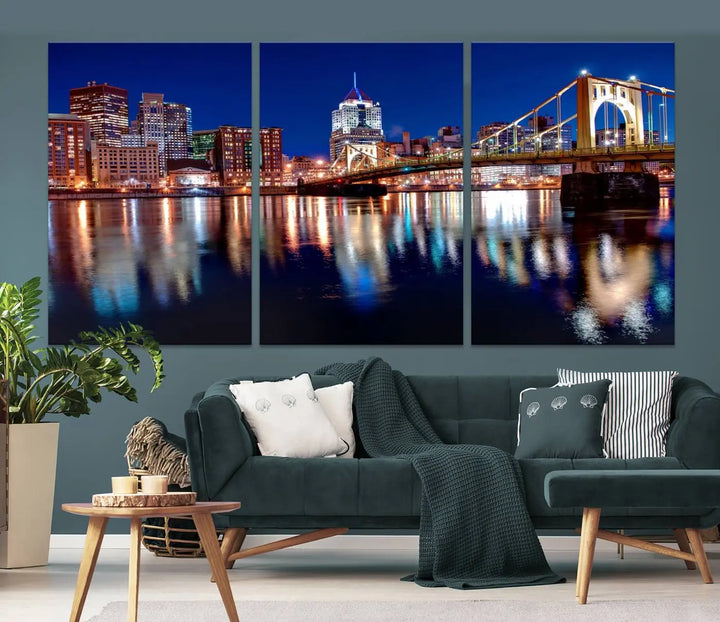 This living room showcases the striking "Pittsburgh City Canvas Wall Art Pittsburgh Skyline Canvas Print" on museum-quality canvases.