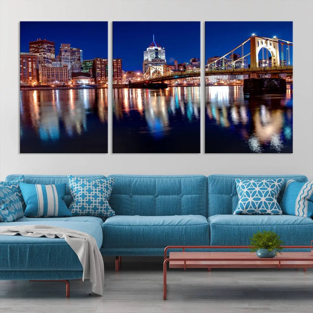 This living room showcases the striking "Pittsburgh City Canvas Wall Art Pittsburgh Skyline Canvas Print" on museum-quality canvases.