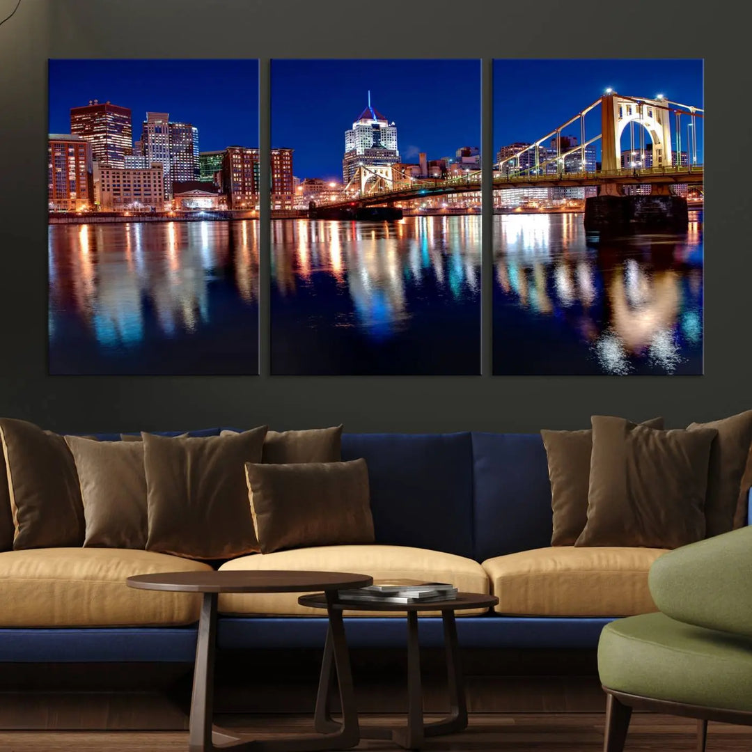 This living room showcases the striking "Pittsburgh City Canvas Wall Art Pittsburgh Skyline Canvas Print" on museum-quality canvases.