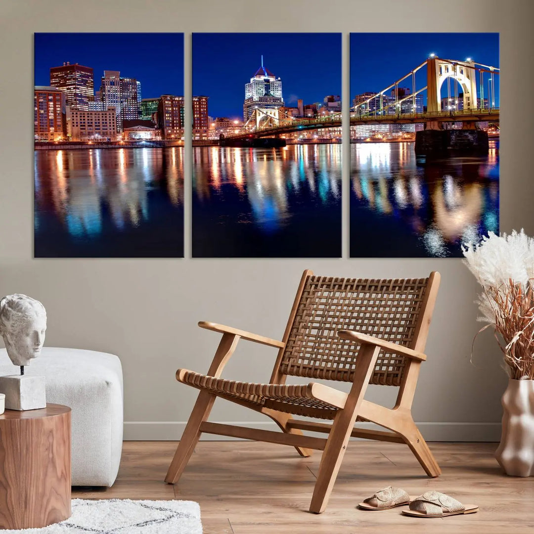 This living room showcases the striking "Pittsburgh City Canvas Wall Art Pittsburgh Skyline Canvas Print" on museum-quality canvases.