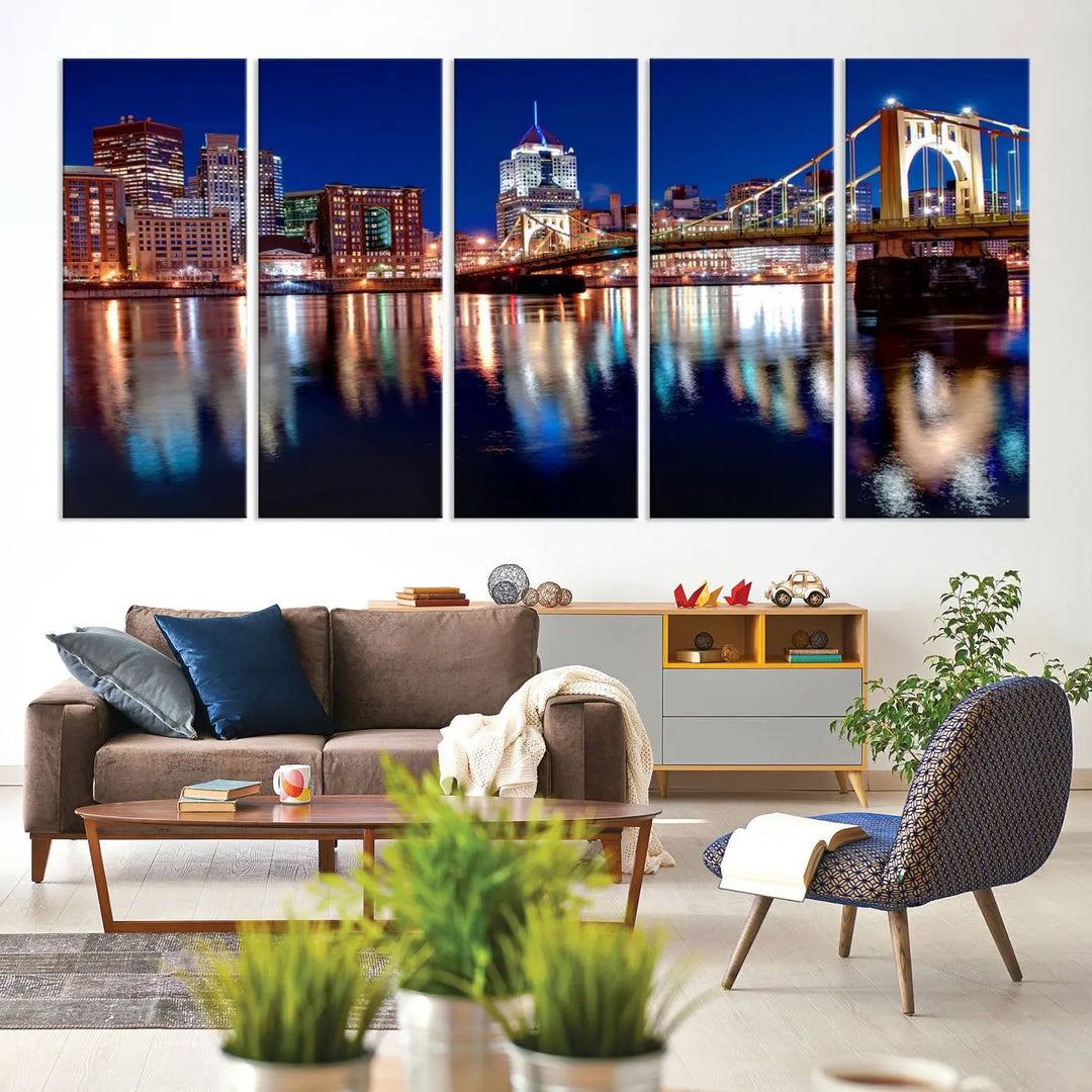 This living room showcases the striking "Pittsburgh City Canvas Wall Art Pittsburgh Skyline Canvas Print" on museum-quality canvases.