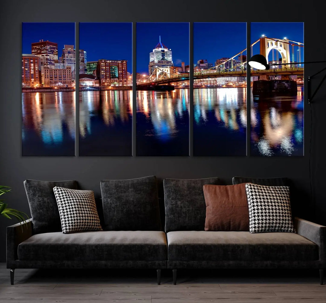 This living room showcases the striking "Pittsburgh City Canvas Wall Art Pittsburgh Skyline Canvas Print" on museum-quality canvases.