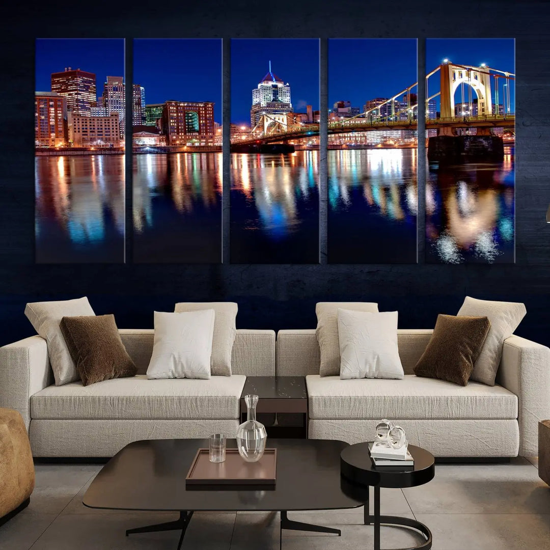 This living room showcases the striking "Pittsburgh City Canvas Wall Art Pittsburgh Skyline Canvas Print" on museum-quality canvases.