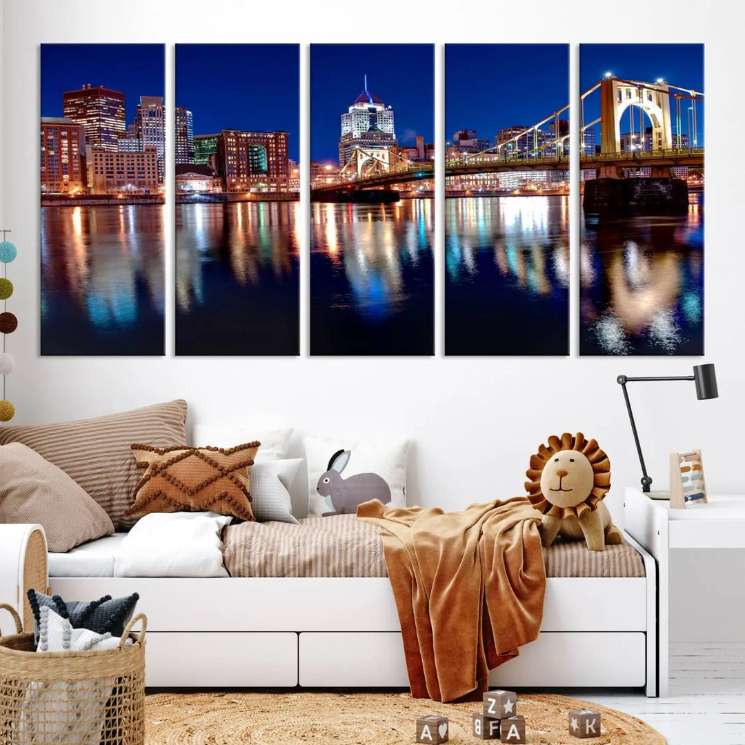 This living room showcases the striking "Pittsburgh City Canvas Wall Art Pittsburgh Skyline Canvas Print" on museum-quality canvases.