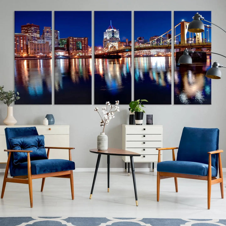 This living room showcases the striking "Pittsburgh City Canvas Wall Art Pittsburgh Skyline Canvas Print" on museum-quality canvases.