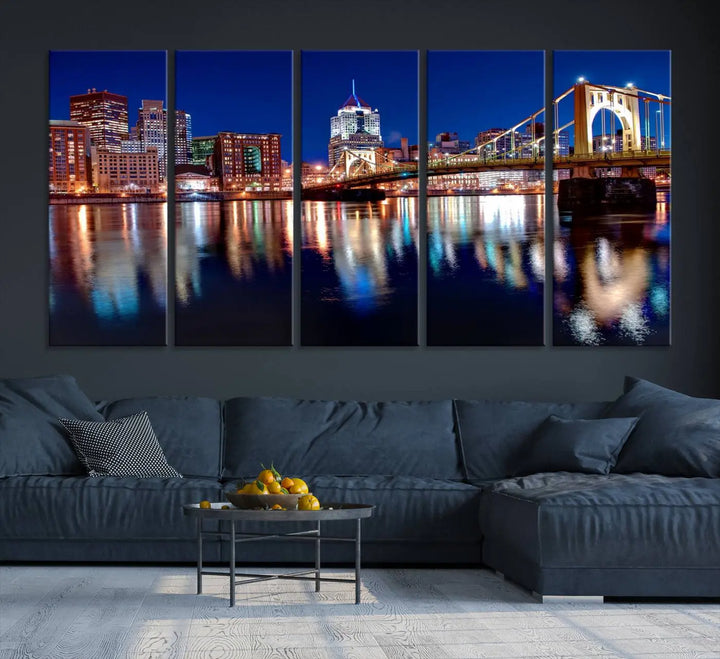 This living room showcases the striking "Pittsburgh City Canvas Wall Art Pittsburgh Skyline Canvas Print" on museum-quality canvases.