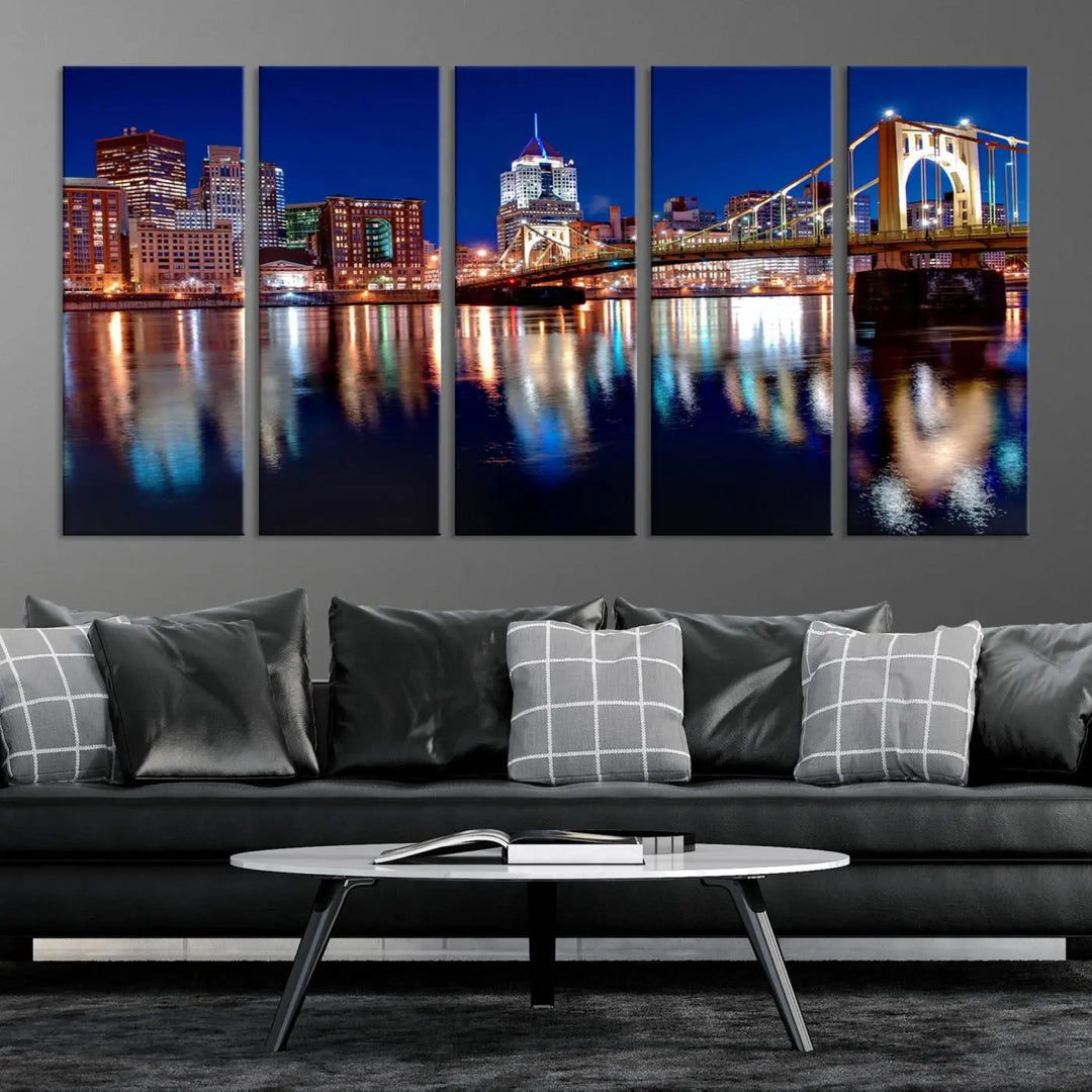 This living room showcases the striking "Pittsburgh City Canvas Wall Art Pittsburgh Skyline Canvas Print" on museum-quality canvases.