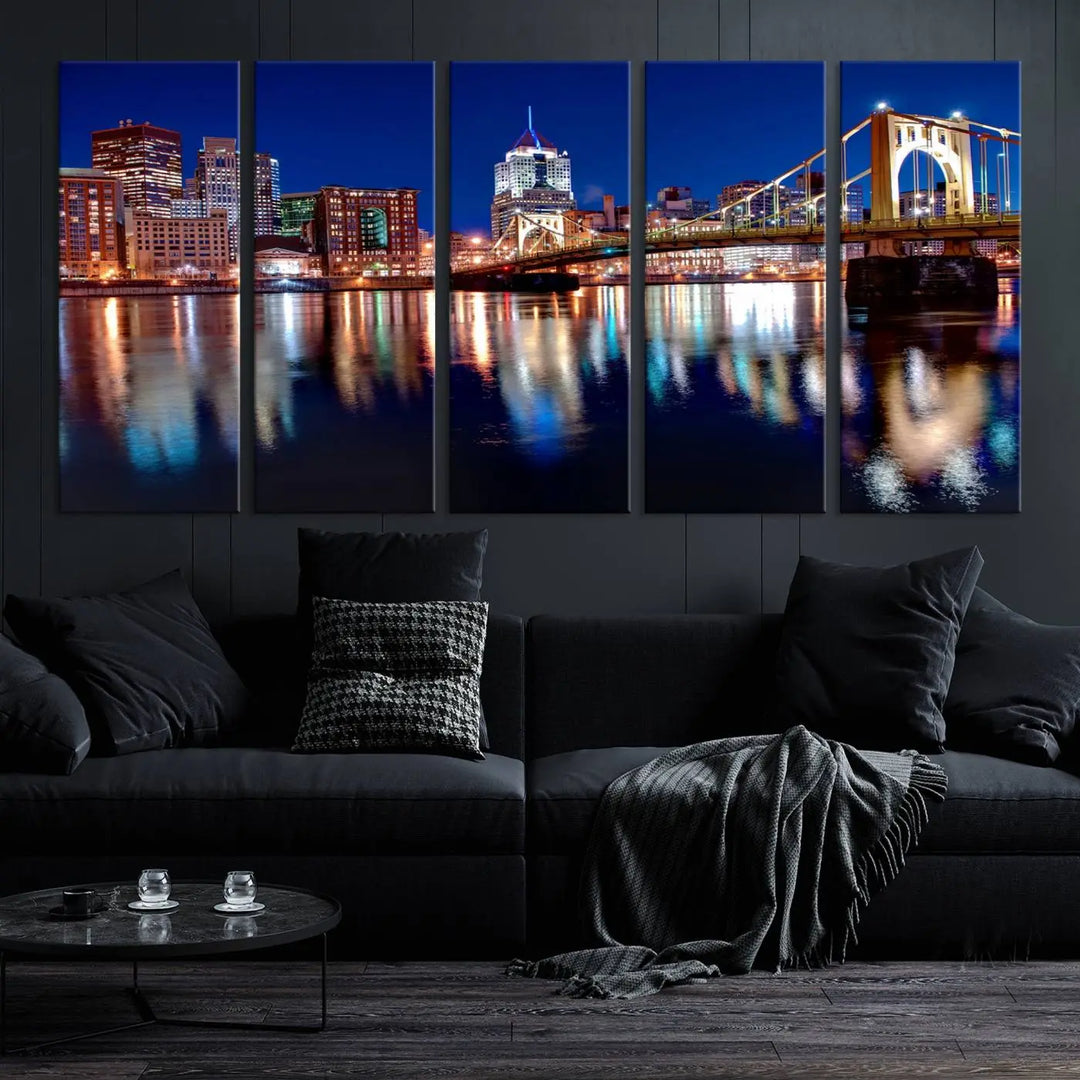 This living room showcases the striking "Pittsburgh City Canvas Wall Art Pittsburgh Skyline Canvas Print" on museum-quality canvases.