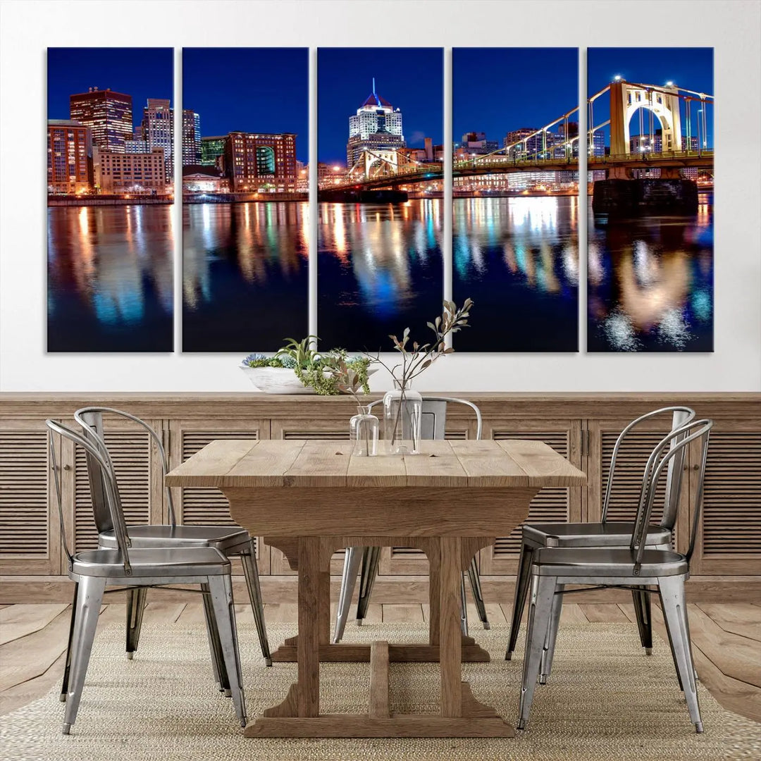 This living room showcases the striking "Pittsburgh City Canvas Wall Art Pittsburgh Skyline Canvas Print" on museum-quality canvases.