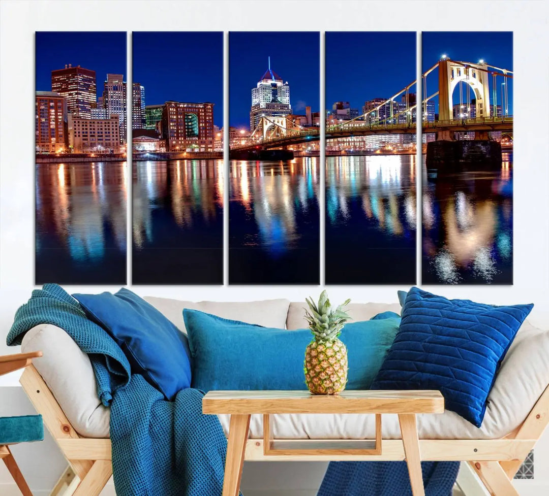 This living room showcases the striking "Pittsburgh City Canvas Wall Art Pittsburgh Skyline Canvas Print" on museum-quality canvases.