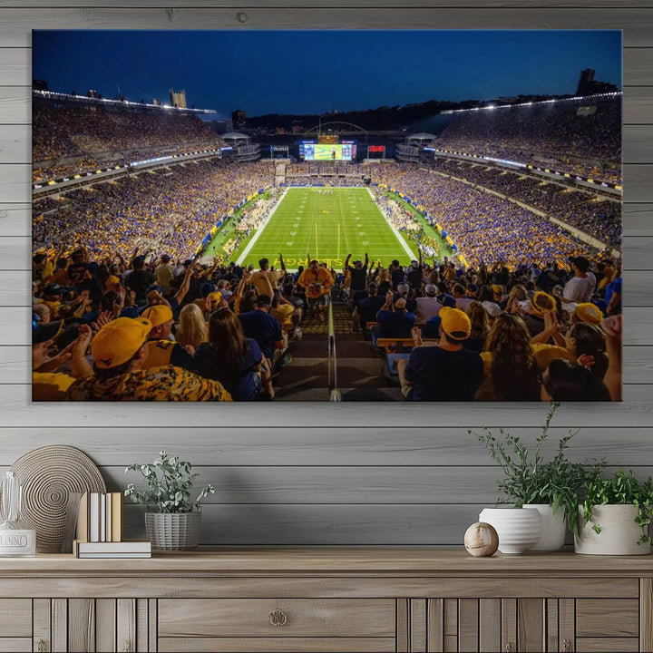 The Pittsburgh Panthers Football Team Print featuring the Acrisure Stadium is a gallery-quality canvas artwork displayed in three panels. Expertly handmade in the USA, this piece adds a vibrant touch to your space.