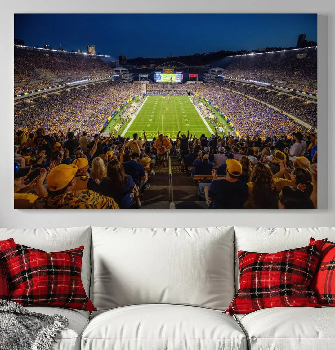 The Pittsburgh Panthers Football Team Print featuring the Acrisure Stadium is a gallery-quality canvas artwork displayed in three panels. Expertly handmade in the USA, this piece adds a vibrant touch to your space.