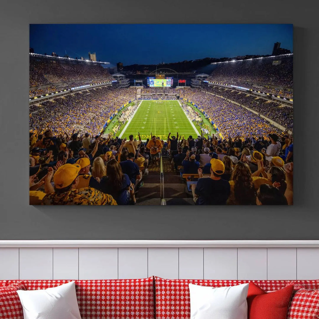 The Pittsburgh Panthers Football Team Print featuring the Acrisure Stadium is a gallery-quality canvas artwork displayed in three panels. Expertly handmade in the USA, this piece adds a vibrant touch to your space.