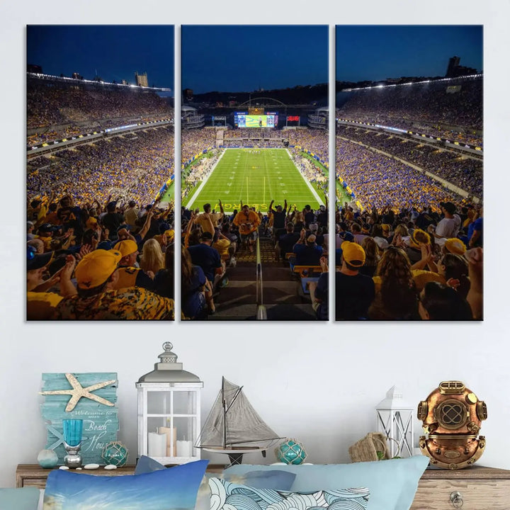 The Pittsburgh Panthers Football Team Print featuring the Acrisure Stadium is a gallery-quality canvas artwork displayed in three panels. Expertly handmade in the USA, this piece adds a vibrant touch to your space.