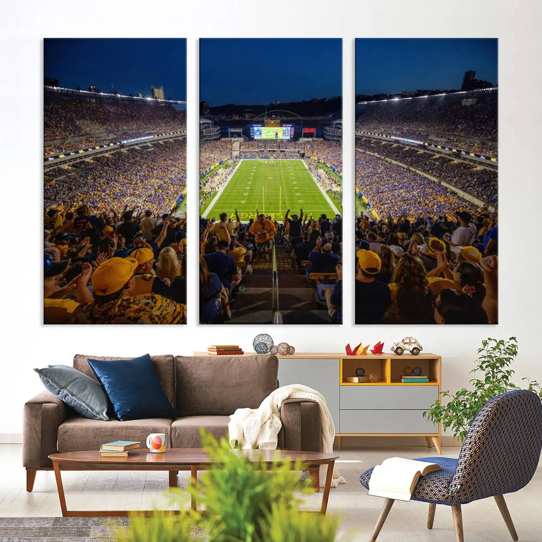 The Pittsburgh Panthers Football Team Print featuring the Acrisure Stadium is a gallery-quality canvas artwork displayed in three panels. Expertly handmade in the USA, this piece adds a vibrant touch to your space.