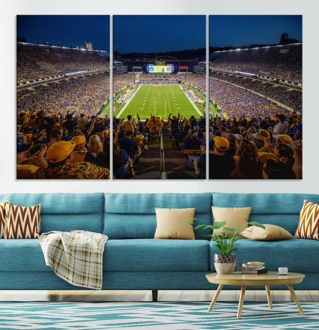 The Pittsburgh Panthers Football Team Print featuring the Acrisure Stadium is a gallery-quality canvas artwork displayed in three panels. Expertly handmade in the USA, this piece adds a vibrant touch to your space.