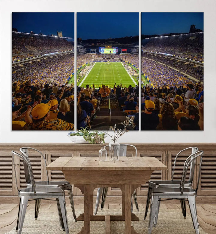 The Pittsburgh Panthers Football Team Print featuring the Acrisure Stadium is a gallery-quality canvas artwork displayed in three panels. Expertly handmade in the USA, this piece adds a vibrant touch to your space.