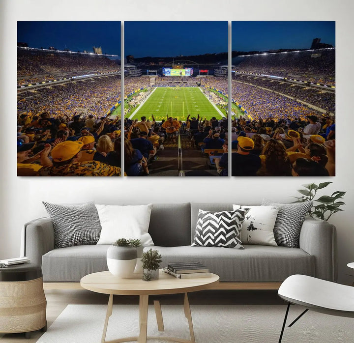 The Pittsburgh Panthers Football Team Print featuring the Acrisure Stadium is a gallery-quality canvas artwork displayed in three panels. Expertly handmade in the USA, this piece adds a vibrant touch to your space.