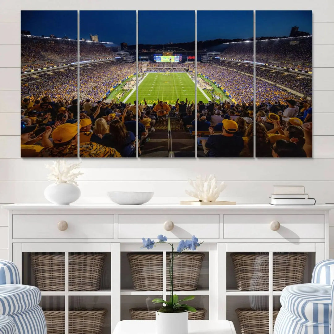 The Pittsburgh Panthers Football Team Print featuring the Acrisure Stadium is a gallery-quality canvas artwork displayed in three panels. Expertly handmade in the USA, this piece adds a vibrant touch to your space.