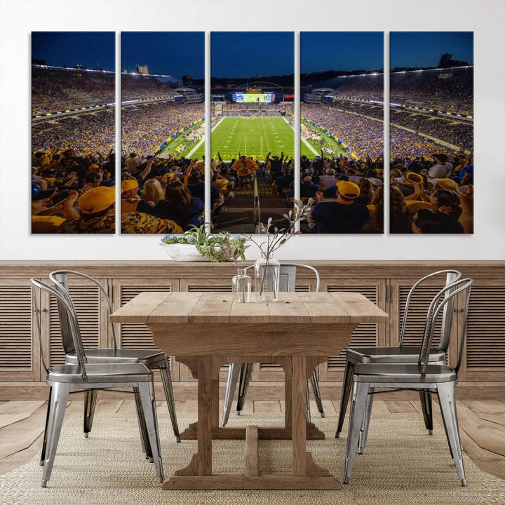 The Pittsburgh Panthers Football Team Print featuring the Acrisure Stadium is a gallery-quality canvas artwork displayed in three panels. Expertly handmade in the USA, this piece adds a vibrant touch to your space.