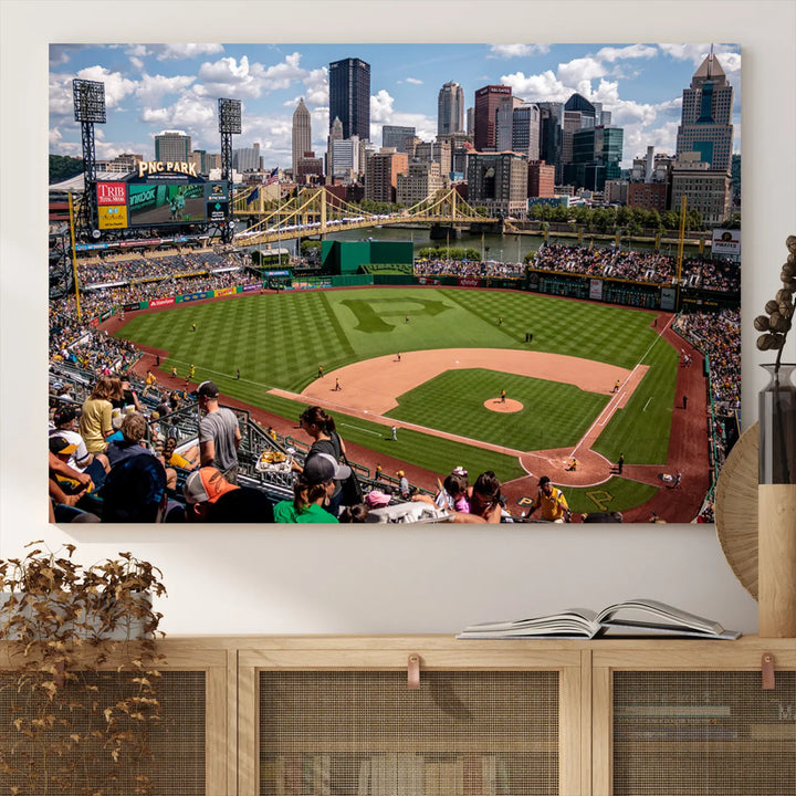 A Pittsburgh Pirates Baseball Team print featuring PNC Park Stadium and the city skyline is displayed, using the ready-to-hang premium wall art canvas designed for sports fans.