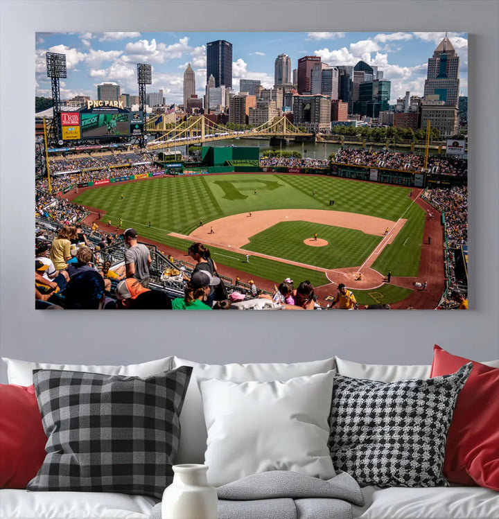 A Pittsburgh Pirates Baseball Team print featuring PNC Park Stadium and the city skyline is displayed, using the ready-to-hang premium wall art canvas designed for sports fans.