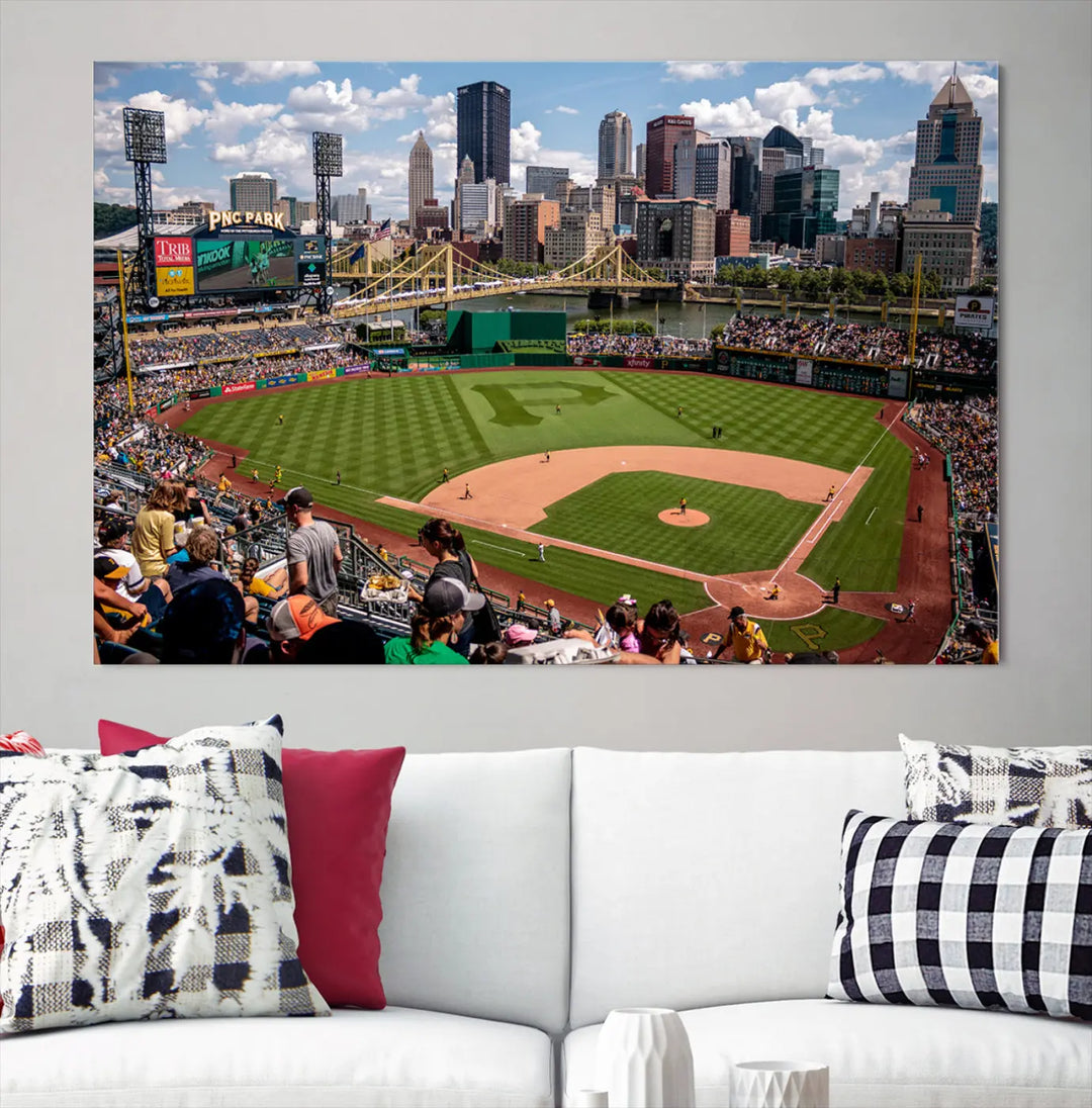 A Pittsburgh Pirates Baseball Team print featuring PNC Park Stadium and the city skyline is displayed, using the ready-to-hang premium wall art canvas designed for sports fans.