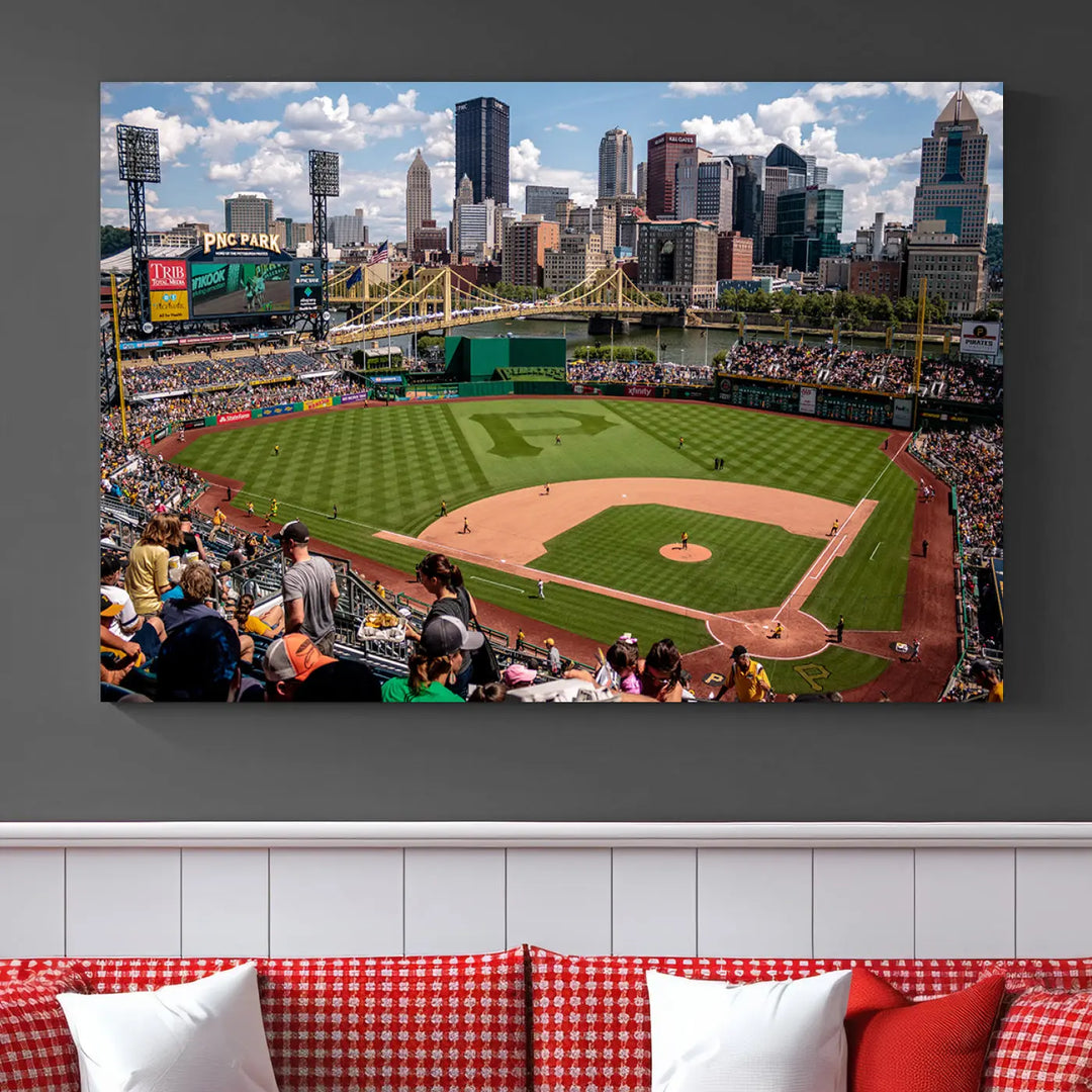 A Pittsburgh Pirates Baseball Team print featuring PNC Park Stadium and the city skyline is displayed, using the ready-to-hang premium wall art canvas designed for sports fans.