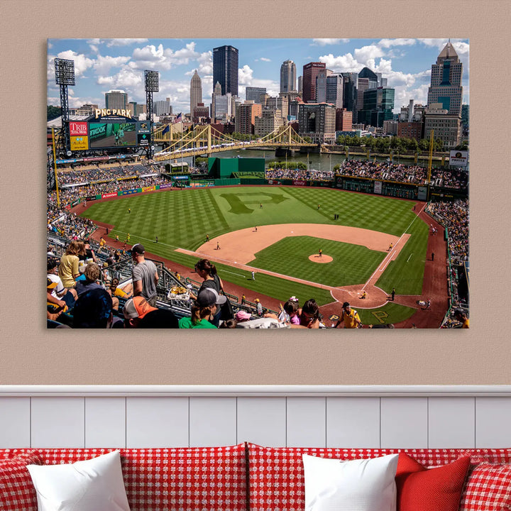 A Pittsburgh Pirates Baseball Team print featuring PNC Park Stadium and the city skyline is displayed, using the ready-to-hang premium wall art canvas designed for sports fans.