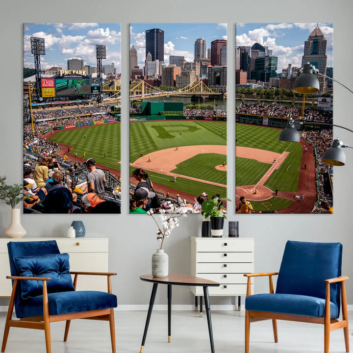 A Pittsburgh Pirates Baseball Team print featuring PNC Park Stadium and the city skyline is displayed, using the ready-to-hang premium wall art canvas designed for sports fans.