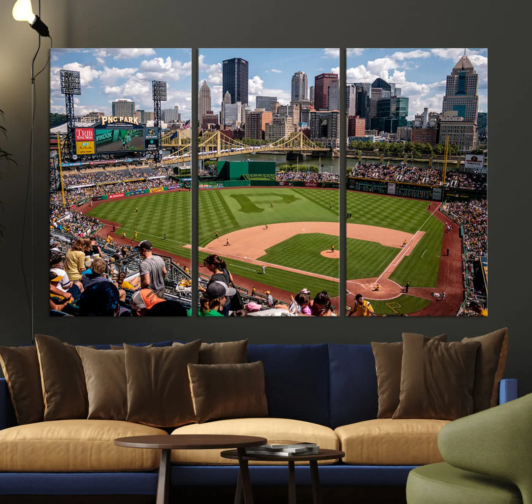 A Pittsburgh Pirates Baseball Team print featuring PNC Park Stadium and the city skyline is displayed, using the ready-to-hang premium wall art canvas designed for sports fans.