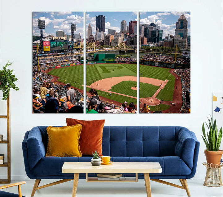 A Pittsburgh Pirates Baseball Team print featuring PNC Park Stadium and the city skyline is displayed, using the ready-to-hang premium wall art canvas designed for sports fans.