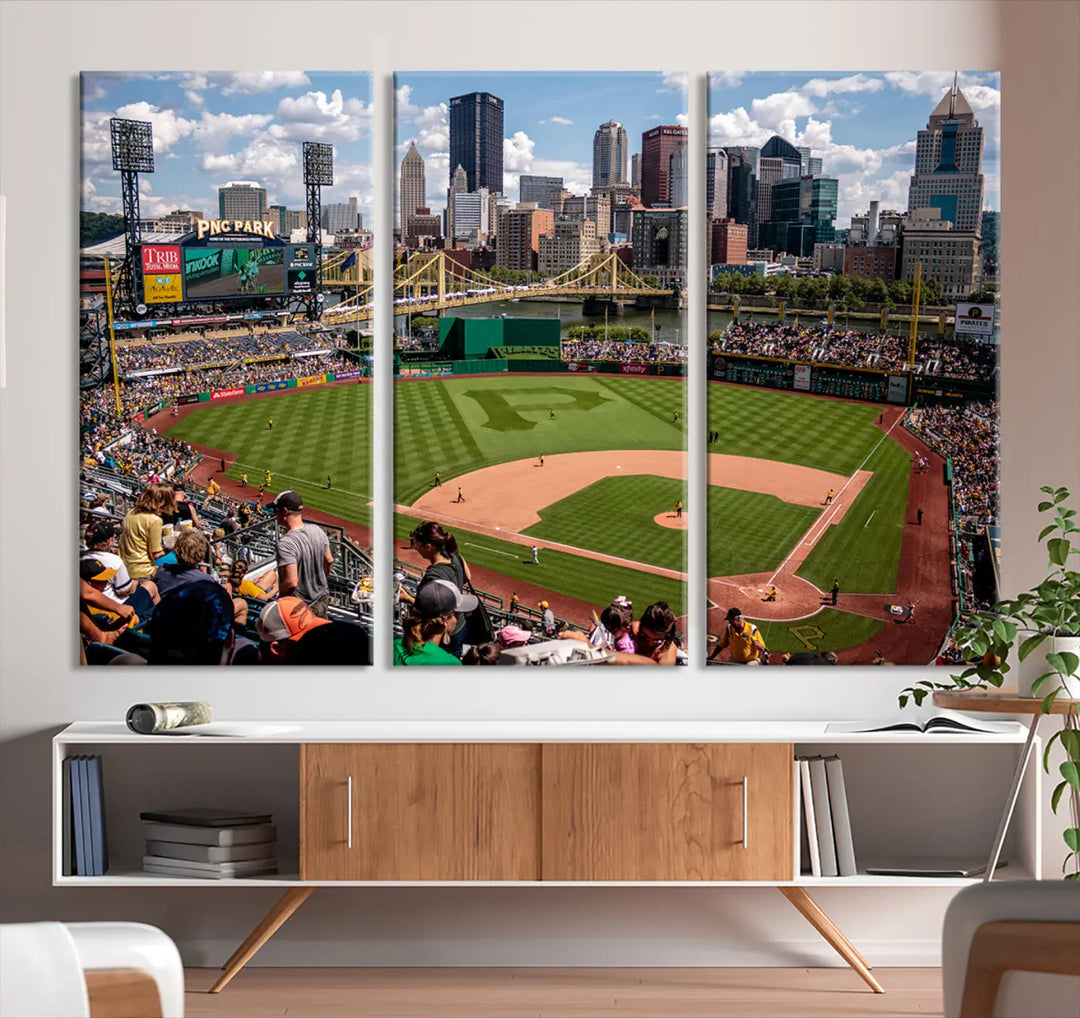 A Pittsburgh Pirates Baseball Team print featuring PNC Park Stadium and the city skyline is displayed, using the ready-to-hang premium wall art canvas designed for sports fans.