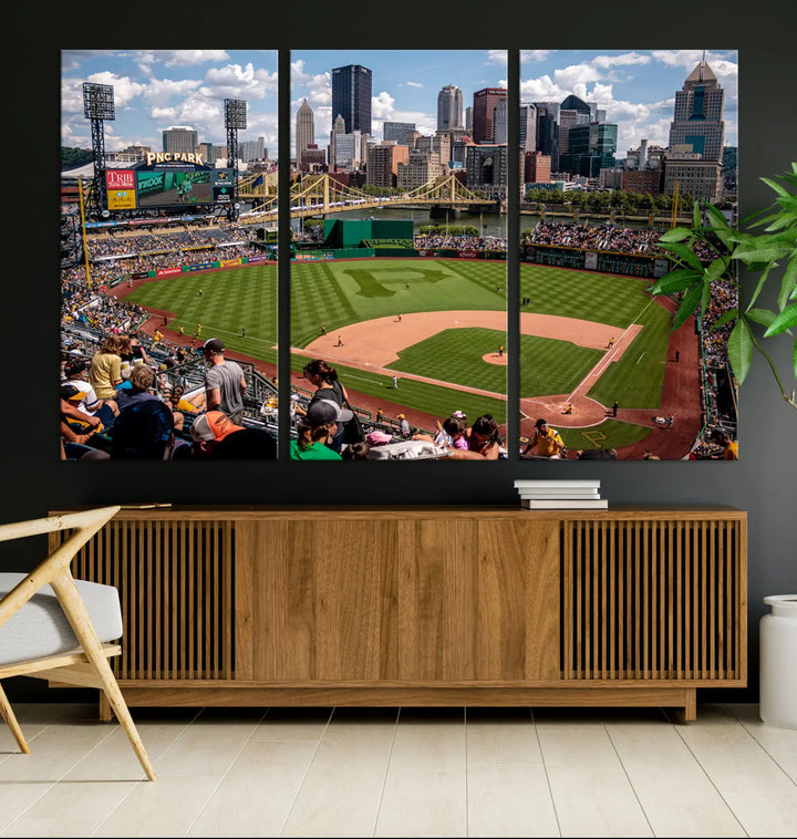 A Pittsburgh Pirates Baseball Team print featuring PNC Park Stadium and the city skyline is displayed, using the ready-to-hang premium wall art canvas designed for sports fans.