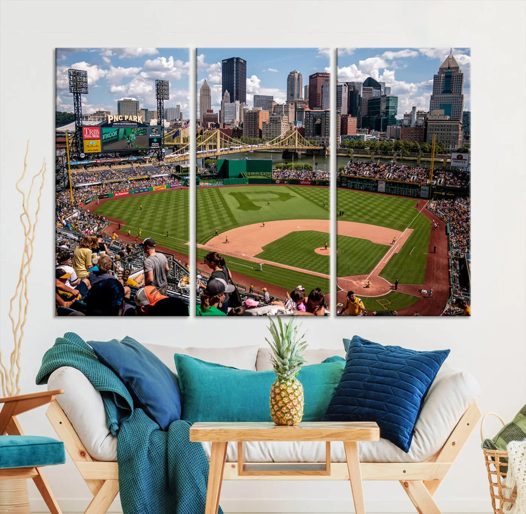 A Pittsburgh Pirates Baseball Team print featuring PNC Park Stadium and the city skyline is displayed, using the ready-to-hang premium wall art canvas designed for sports fans.